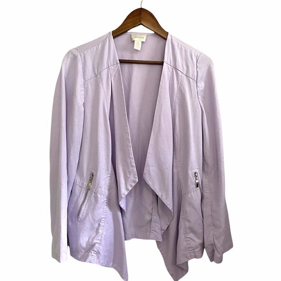 Chicos Lavender Open Front Roll Tab Sleeve Zipper Pockets Waterfall Jacket Small - Picture 2 of 8